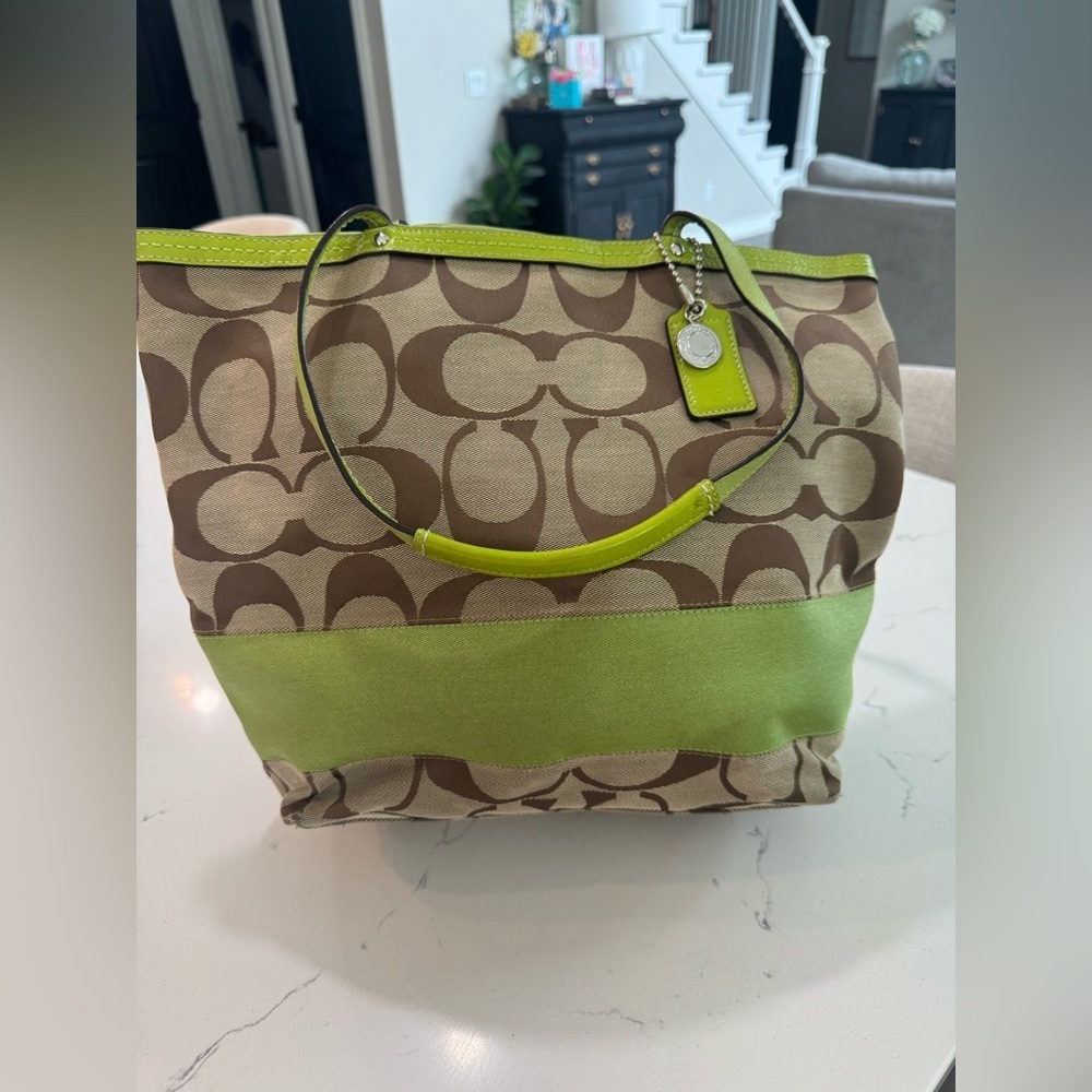 Coach Canvas Tote with Apple Lime Green Accents
